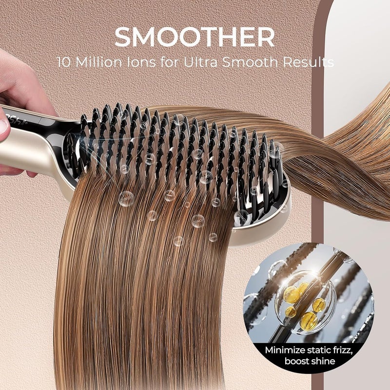 TYMO Hair Straightener Brush - Upgraded Ionic Plus Straightening Brush with Dense Bristles, 16 Temps, Dual Voltage | Ceramic Hot Comb for Women | Flat Iron for Thick Curly Hair, Gold - Image 5